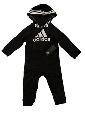 Adidas Baby 24M Black Hooded One Piece Tracksuit Coverall Full Zip NWT